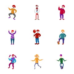 Circus arena clown icon set. Cartoon set of 9 circus arena clown vector icons for web design isolated on white background