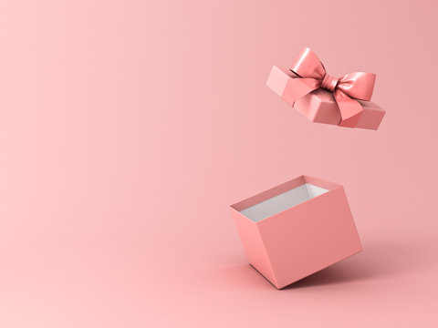 Blank open gift box or present box with pink ribbon bow isolated on pink pastel color background with shadow 3D rendering