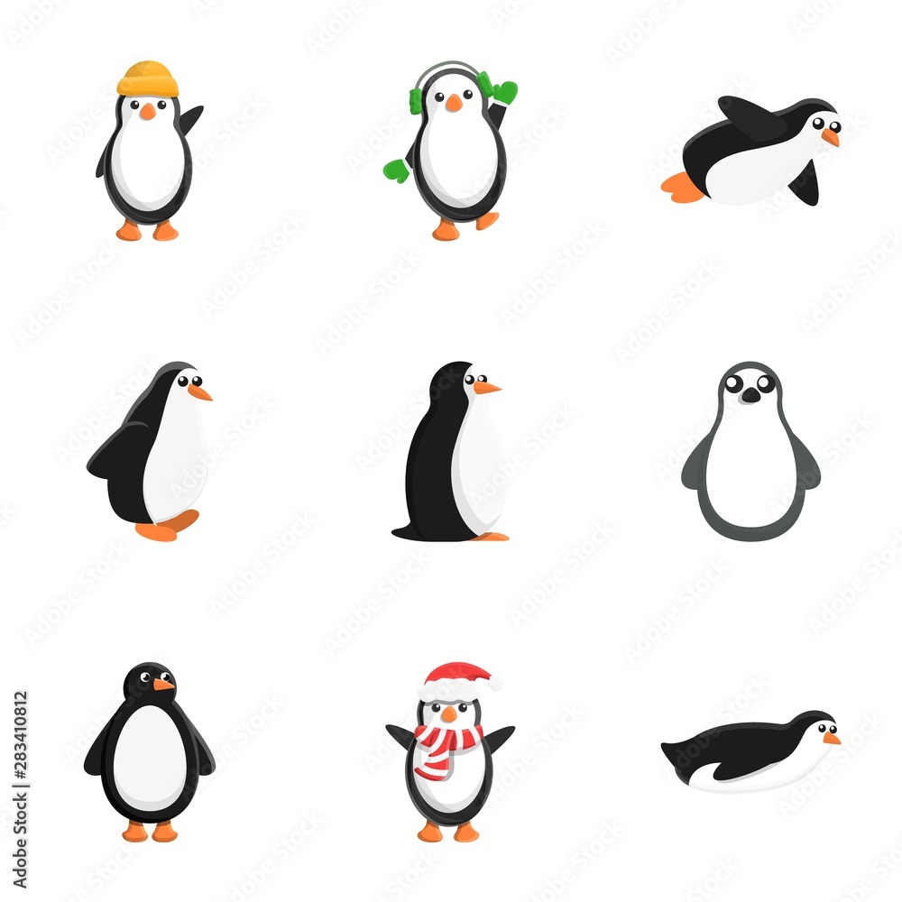 Poster penguin character icon set. cartoon set of 9 penguin character vector icons for web design isolated 