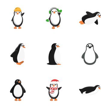 Penguin character icon set. Cartoon set of 9 penguin character vector icons for web design isolated on white background