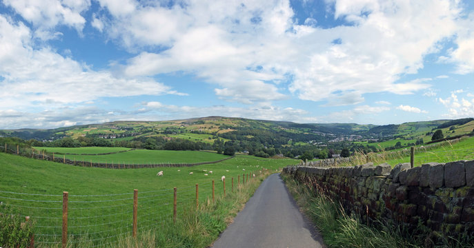 a wide panoramic view of yorkshire dales countryside with a narrow country lane with stone walls and fences around grass meadows with grazing sheep and pennine villages amoung hillside trees