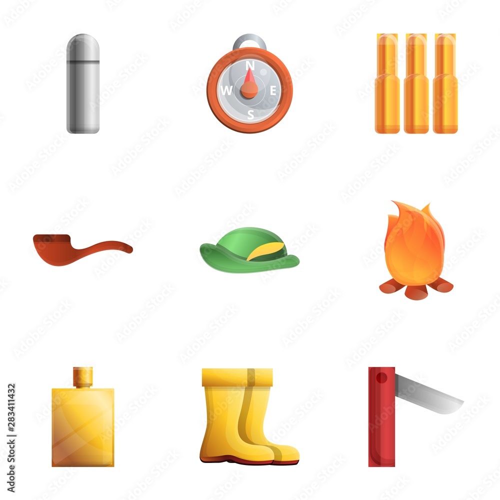 Poster hunting weapon tools icon set. cartoon set of 9 hunting weapon tools vector icons for web design iso