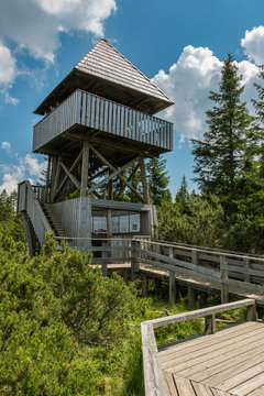 A lookout tower at the Lovrenc lakes (Lovrenska jezera) marshlands near Rogla, Slovenia