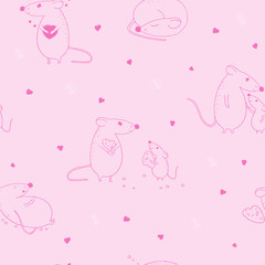 Seamless pattern with mouse. Silhouettes on a pink background. Valentine s day.