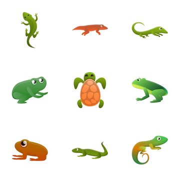 Tropical reptile icon set. Cartoon set of 9 tropical reptile vector icons for web design isolated on white background