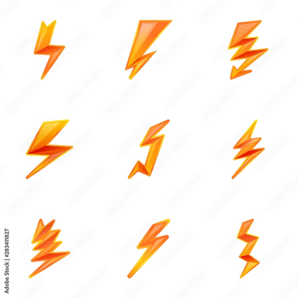 Poster danger lightning bolt icon set. cartoon set of 9 danger lightning bolt vector icons for web design i