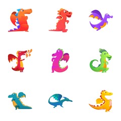 Funny dragons icon set. Cartoon set of 9 funny dragons vector icons for web design isolated on white background