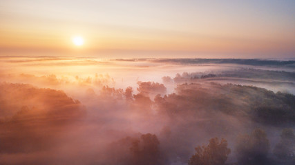 Summer nature landscape aerial panorama. Foggy morning river and forest