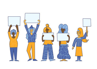 Group of young woman holding banners blanks.