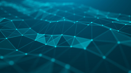 Wave of particles. Abstract blue technology background. Science background. Big data. Background . Plexus effect. Network connection structure. 3d rendering.