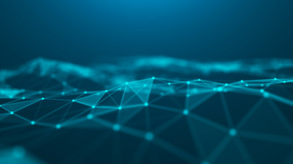 Wave of particles. Abstract blue technology background. Science background. Big data. Background . Plexus effect. Network connection structure. 3d rendering.