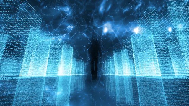 Artistic digital city with artificial intelligence cyberspace and people.