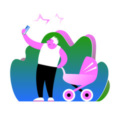 Cartoon funny father in a white shirt and black pants with a smartphone in his hand takes a selfie with a pram on the street. Vector illustration with pink, blue and green colors.