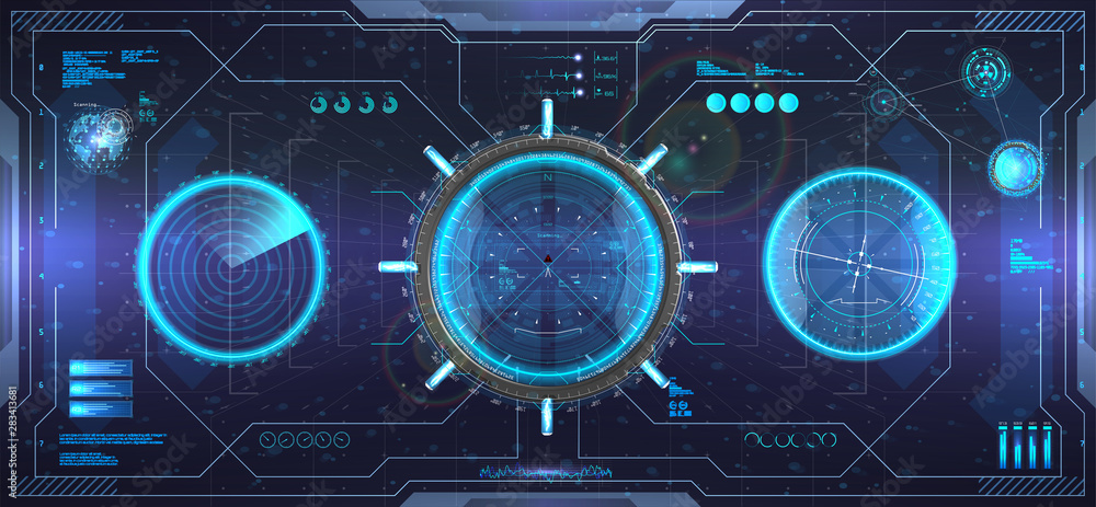 Aufkleber Head-up display design interface. HUD Virtual reality cockpit helmet. View from the sci-fi helmet. Futuristic user interface GUI, HUD. View from the cockpit spaceship. Full Color Vector illustration