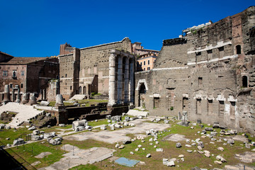Fototapeta premium Ancient ruins of the Forum of Augustus with Temple of Mars the Avenger inaugurated in 2 BC