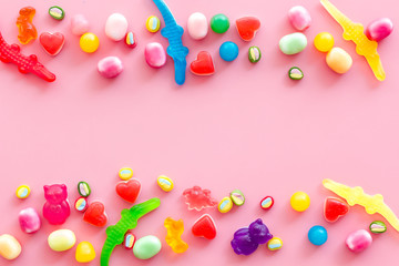 Candy dots and fruit jelly frame for blog design on pink background top view mockup