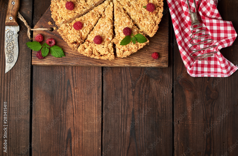 Poster sliced triangular pieces of crumble pie with apples