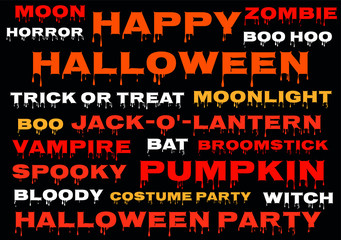 Spooky Halloween vocabulary words for kids. Halloween related text with blood drops on the black background.