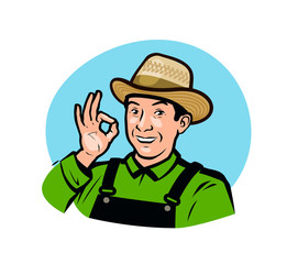 Farmer in overalls. Agriculture, farm logo. Vector illustration
