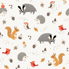 Seamless pattern of cute woodland animals and birds with autumn floral elements - 283416219