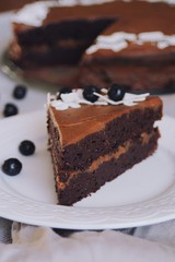 Chocolate cake with frosting and berries