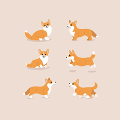 Corgi dog icon set. Different poses of corgi dog. Cartoon illustration for prints, clothing, packaging, stickers, stickers.