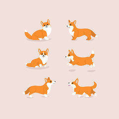 Corgi dog icon set. Different poses of corgi dog. Cartoon illustration for prints, clothing, packaging, stickers, stickers.