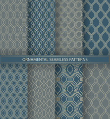 Collection of seamless Blue and gray luxury patterns with geometric waves. Endless stylish texture. Ripple monochrome background. Vector set