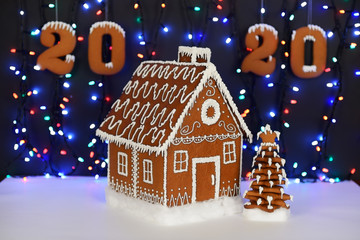 The hand-made eatable gingerbread house,  New Year tree, snow decoration, garland background illumination