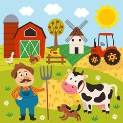 farmer in the barnyard with pets - vector illustration, eps    farmer stands in a barnyard with a cow and a dog