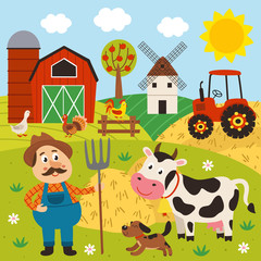 Naklejka premium farmer in the barnyard with pets - vector illustration, eps farmer stands in a barnyard with a cow and a dog