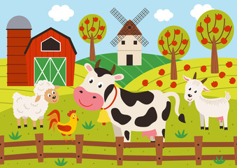 pets stand in the barnyard - vector illustration, eps    