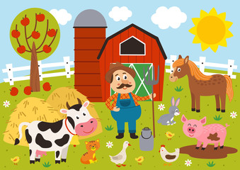 farmer and farm animals in the barnyard- vector illustration, eps    