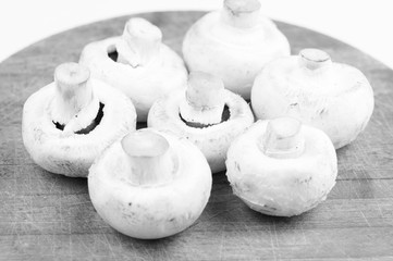 Black white picture of mushrooms on wooden board