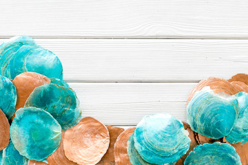 Shells frame on white wooden background top view copyspace