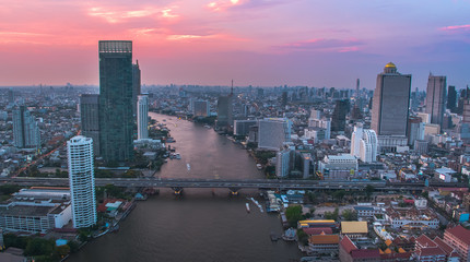 Fototapeta na wymiar BANGKOK THAILAND - April 7 : aerial view of Taksin Bridge and Sathorn road in heart of Bangkok capital on April 7 , 2019 in Bangkok. Thailand