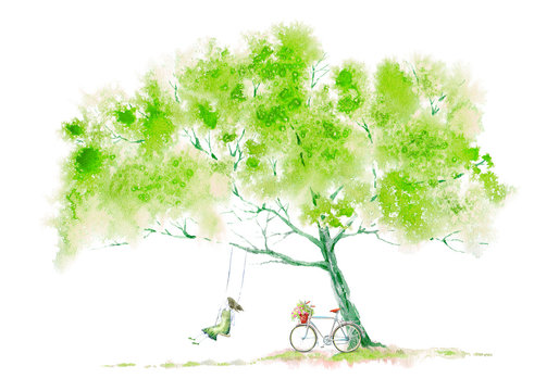 Deciduous tree and girl on swing and bicycle.Summer picture. White background.Watercolor hand drawn illustration.