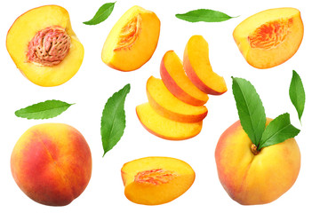 peach fruit with green leaf and slices isolated on white background. top view