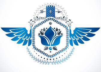 Winged classy emblem, vector heraldic Coat of Arms composed using medieval castle, lily flower and laurel wreath.