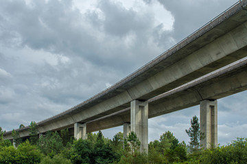 concrete bridge from below crossing a forest