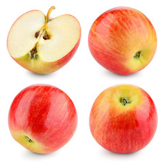 Apple on white background. Red apple isolate. Apple whole, half, slice. Set with clipping path.