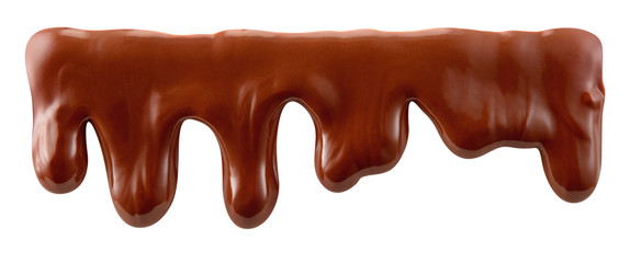 Melted chocolate is dripping. Chocolate streams with drops isolated on white. With clipping path.