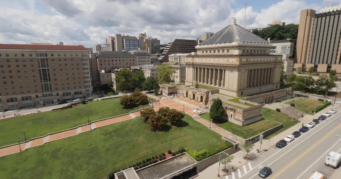 A high angle establishing shot of the Soldiers and Sailors Memorial Hall and Museum in Pittsburgh's Oakland district.  	