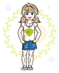 Little blonde girl toddler in fashionable casual clothes posing on green eco background. Vector illustration of kid standing.
