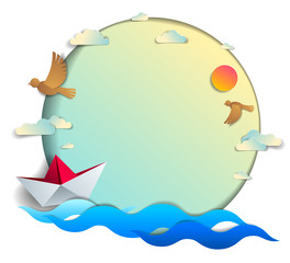 Paper ship swimming in the sea waves with beautiful beach and palms, frame or border with copy space, origami toy boat floating in the ocean, scenic seascape, birds and clouds in the sky, vector.