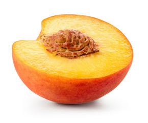 Peach half isolate. Peach slice on white background. Sliced peach isolated. With clipping path.