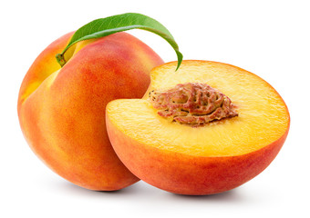 Peach isolated. Peach with slice on white background. Full depth of field.