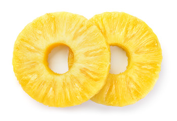 Pineapple rings. Canned pineapple slices. Flat design. Top view. Pineapple isolated on white.