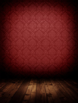dark interior room with baroque red wallpaper