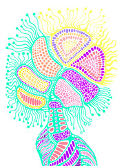 Colorful fantastic psychedelic abstract shamanic ornament, pastel color, isolated white background. Fantasy bohemian element